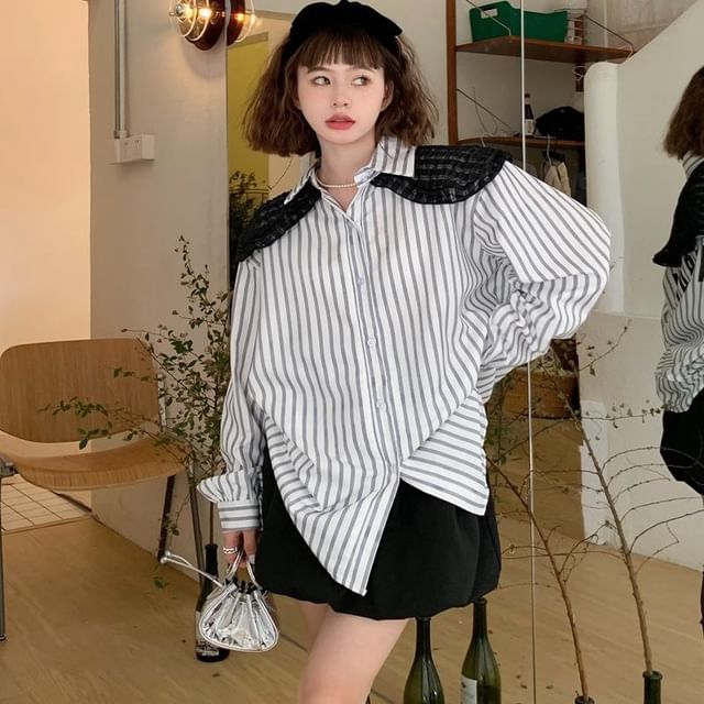 Iduna-Long-Sleeve Lace Panel Striped Shirt