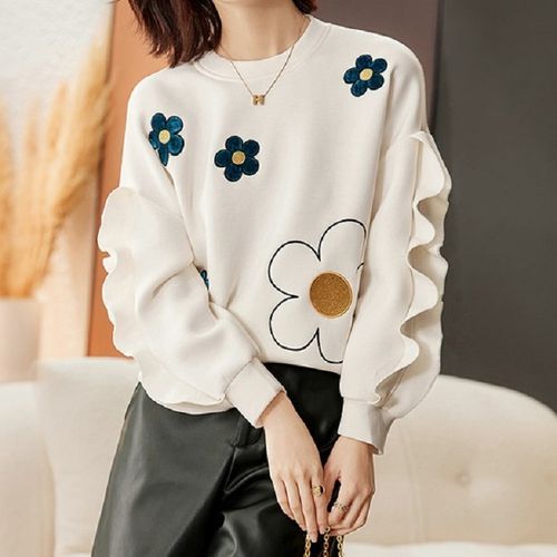 Crew Neck Ruffle Flower Embroidered Sweatshirt