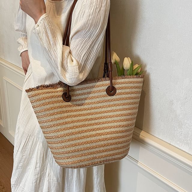 KOCORE-Striped Straw Basket Tote Bag