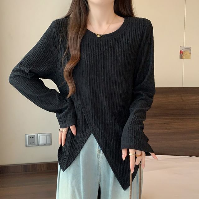 Acoustic Rain-Long-Sleeve Round Neck Plain Asymmetrical Tee