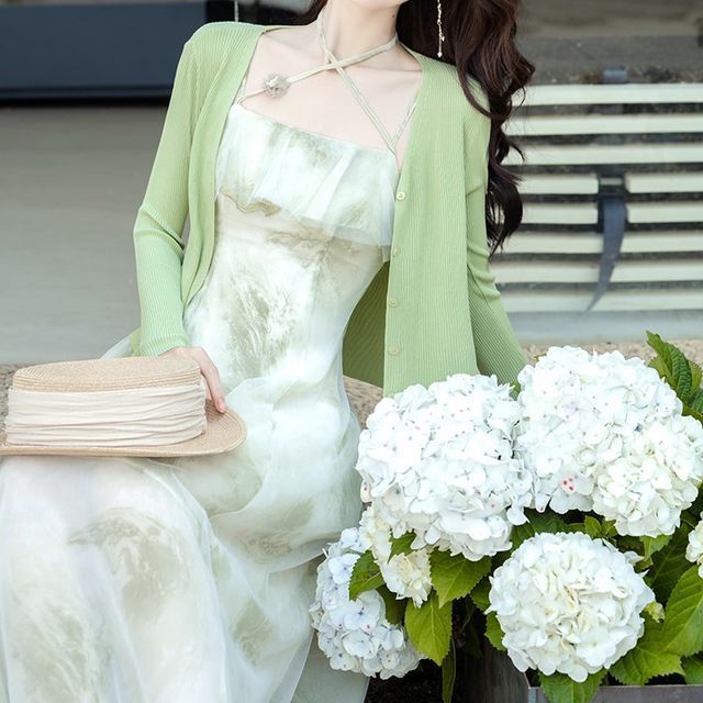 Nebbia - Set: Spaghetti Strap Floral Maxi A-Line Dress + Plain Cardigan