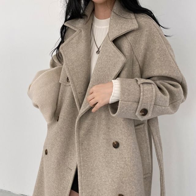 Jesong-Notch Lapel Double-Breasted Plain Long Coat