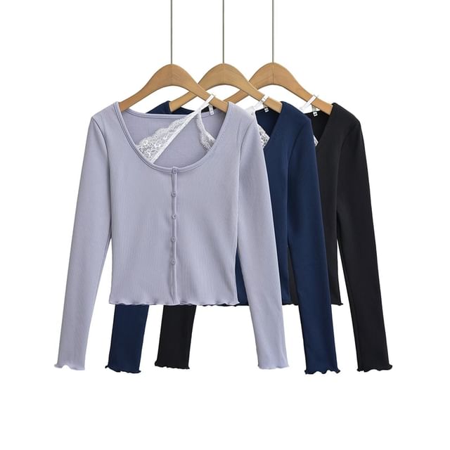 Ulark-Mock Two-Piece Long-Sleeve Lace Panel Button Lettuce Edge Crop T-Shirt