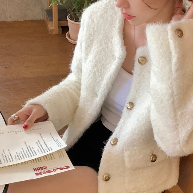 Jesong-Crew Neck Button-Up Plain Crop Jacket