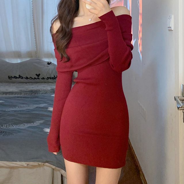Dictynna - Long-Sleeve Off Shoulder Folded Plain Mini Bodycon Knit Dress | YesStyle Dictynna - Long-Sleeve Off Shoulder Folded Plain Mini Bodycon Knit Dress | YesStyle