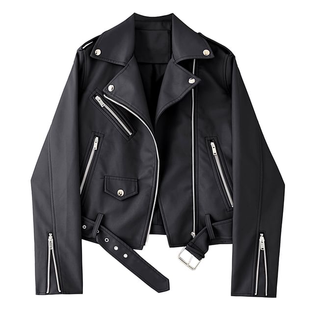 JVL - Lapel Collar Zipper Front Faux Leather Biker Jacket | YesStyle