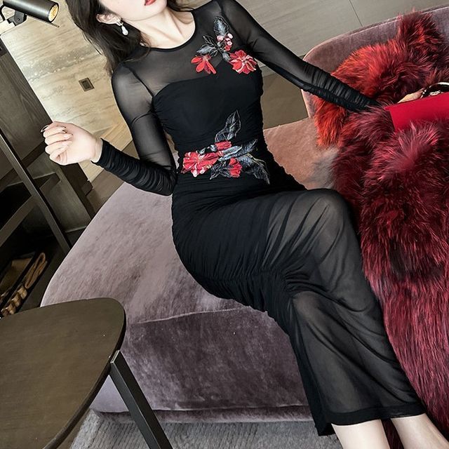 Yilda - Long-Sleeve Crewneck Floral Embroidery Mesh Sheath Dress | YesStyle Yilda - Long-Sleeve Crewneck Floral Embroidery Mesh Sheath Dress | YesStyle