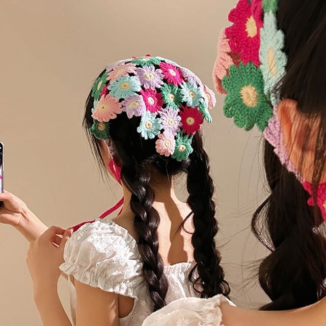 Show Mind-Floral Triangle Knit Head Scarf