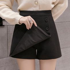 MANIN - High-Waist Plain Single-Breasted Woolen Skirt with Inset Shorts
