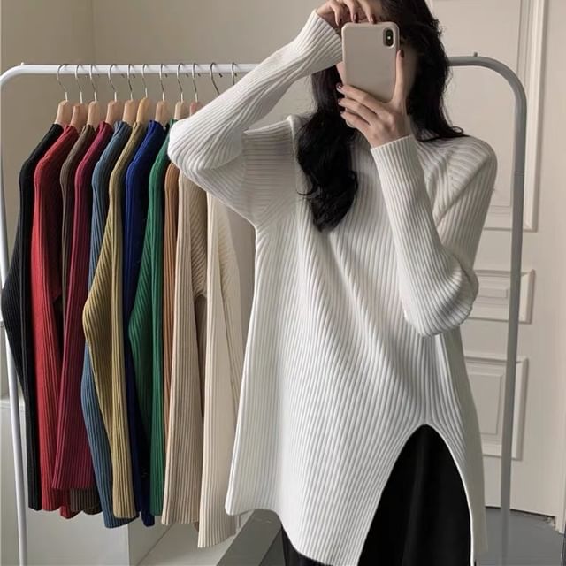 Joopalla Mock Neck Plain Ribbed Side Slit Sweater Yesstyle