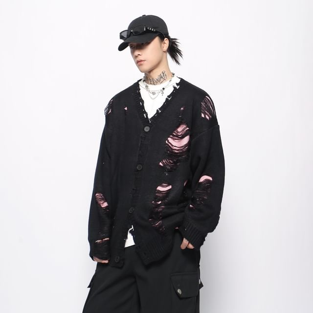 Derbundy-V-Neck Plain Distressed Oversized Cardigan