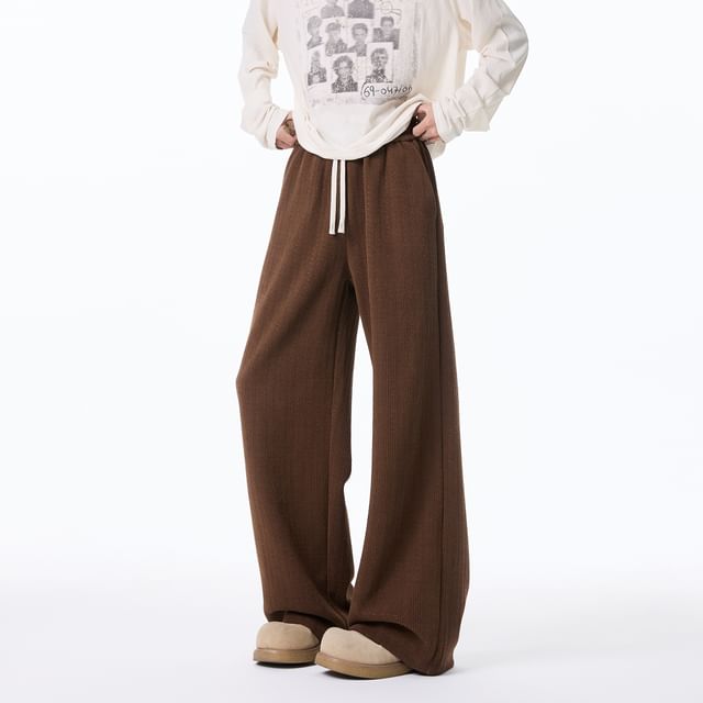 Koiyua-Drawstring Waist Plain Wide Leg Sweatpants