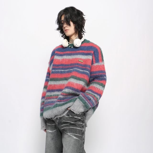 Derbundy-Round Neck Striped Oversized Sweater