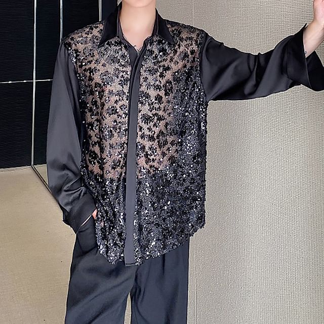 Bjorn-Long-Sleeve Collared Sequin Mesh Panel Satin Shirt