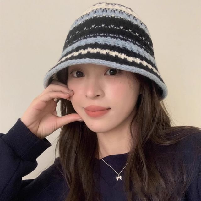 Raconteur-Striped Knit Bucket Hat