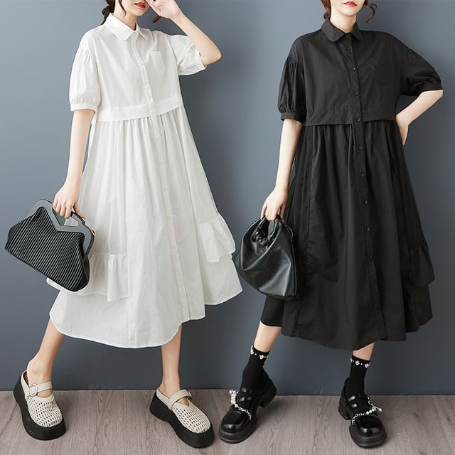 Lewwe-Short Sleeve Collared Plain Ruffle Panel Mesh Midi A-Line Shirt Dress