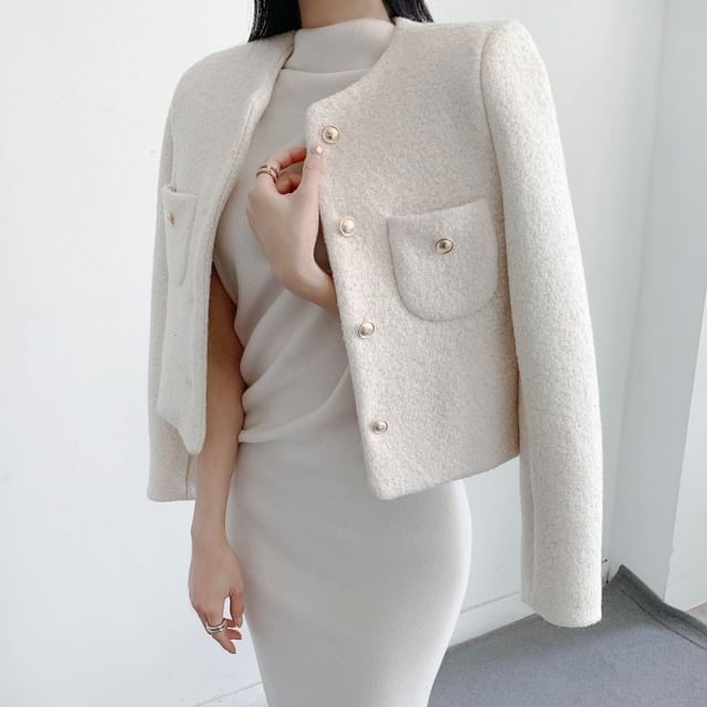 MIKIGA-Long Sleeve Round Neck Tweed Cropped Jacket