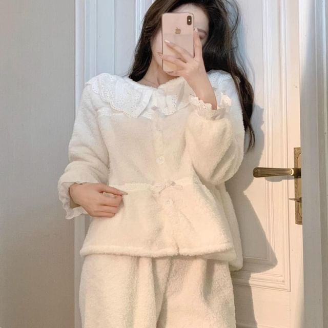 GOUB-Ruffle Trim Fleece Pajama Set