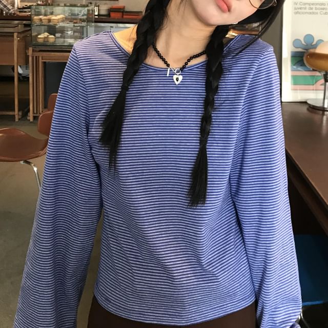 monroll-Long-Sleeve Crew Neck Striped Open Back T-Shirt