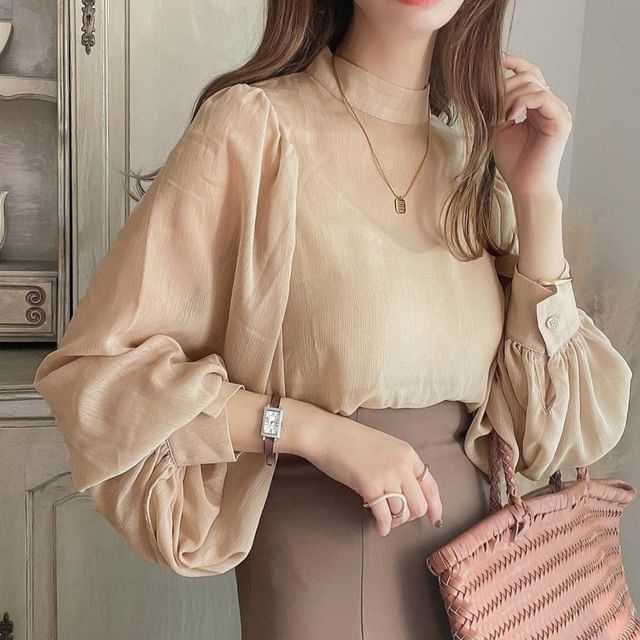 Yilda-Set Balloon Sleeve Stand Collar Plain Blouse Cami Top