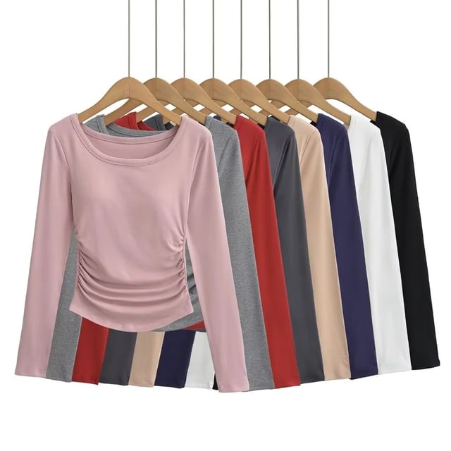 Asiris-Long Sleeve Crew Neck Plain Ruched T-Shirt