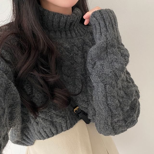 Alfie-Turtleneck Plain Cable Knit Crop Sweater