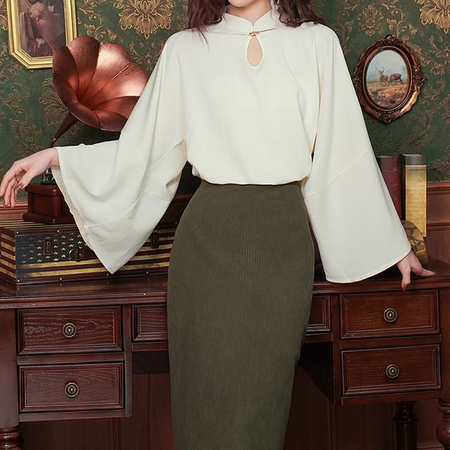 Fioridi-Wide-Sleeve Stand Collar Plain Blouse