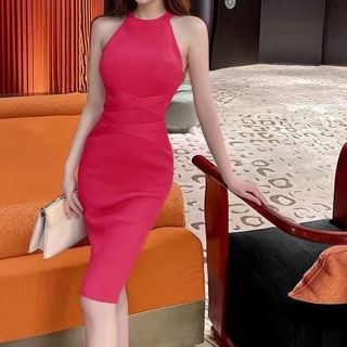 Maine Halter Neck Plain Ribbed Sheath Knit Dress Sale