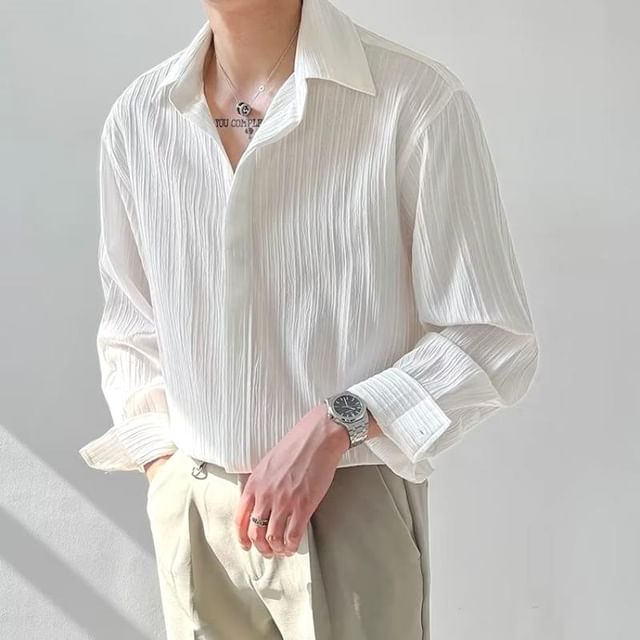 Lingaris-Long-Sleeve Plain Textured Button-Up Shirt