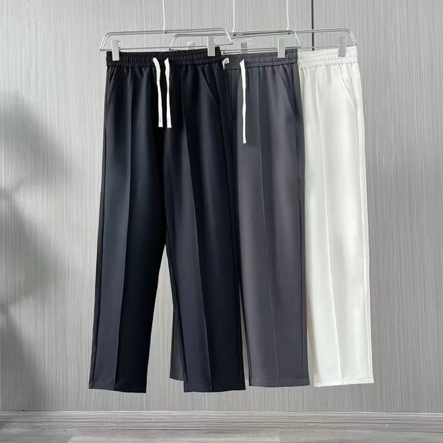 Wewewow-Drawstring Waist Plain Cropped Straight Leg Suit Pants