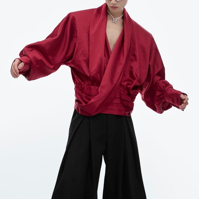 kooklay-Long-Sleeve V-Neck Plain Oversized Shirt
