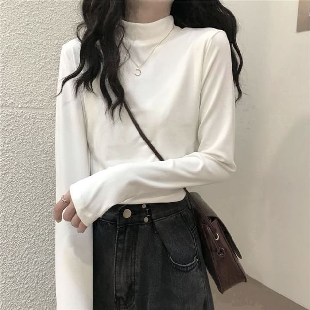 monroll-Long Sleeve Mock Neck Plain Tee