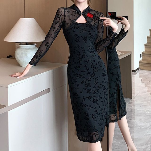 Aurora - Long-Sleeve Floral Jacquard Cutout Midi Bodycon Dress | YesStyle