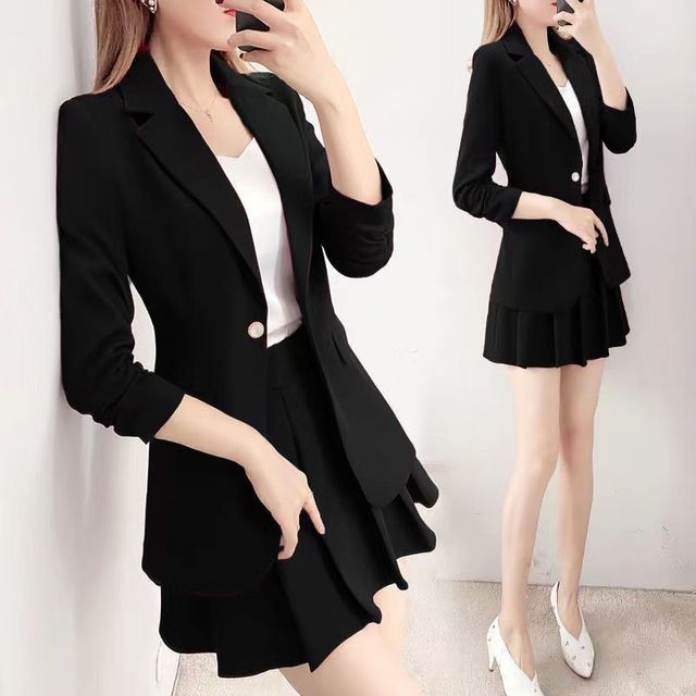 Everose-Set Plain Single-Button Blazer High Waist Pleated Mini A-Line Skirt