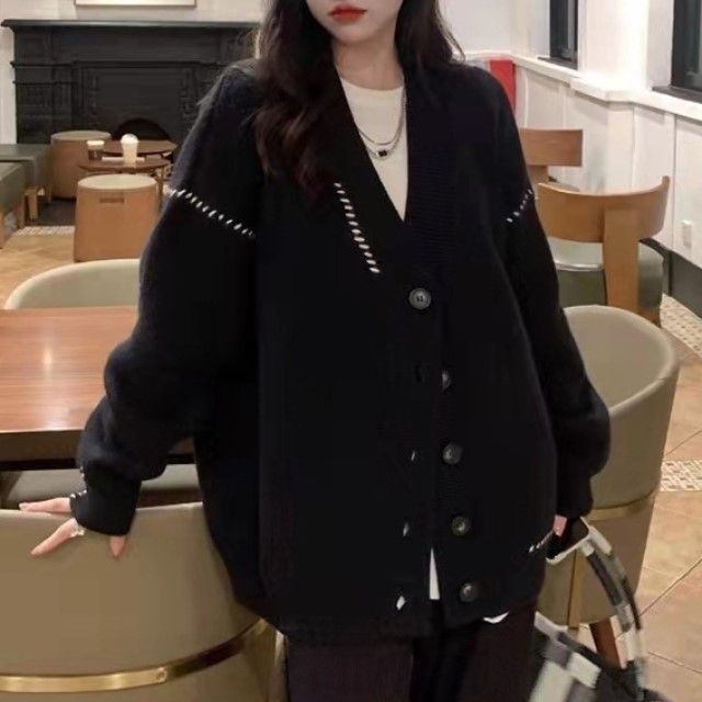 FR-V-Neck Contrast Stitch Button-Up Cardigan