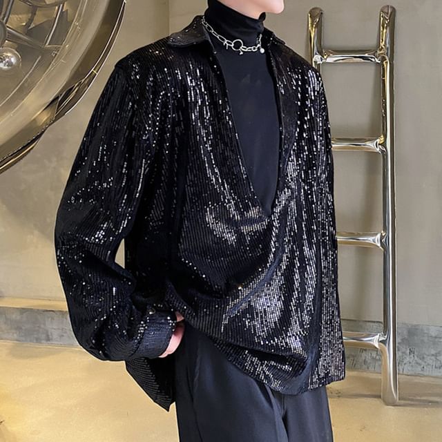 Adothuiastic-Collared V-Neck Sequined Shirt