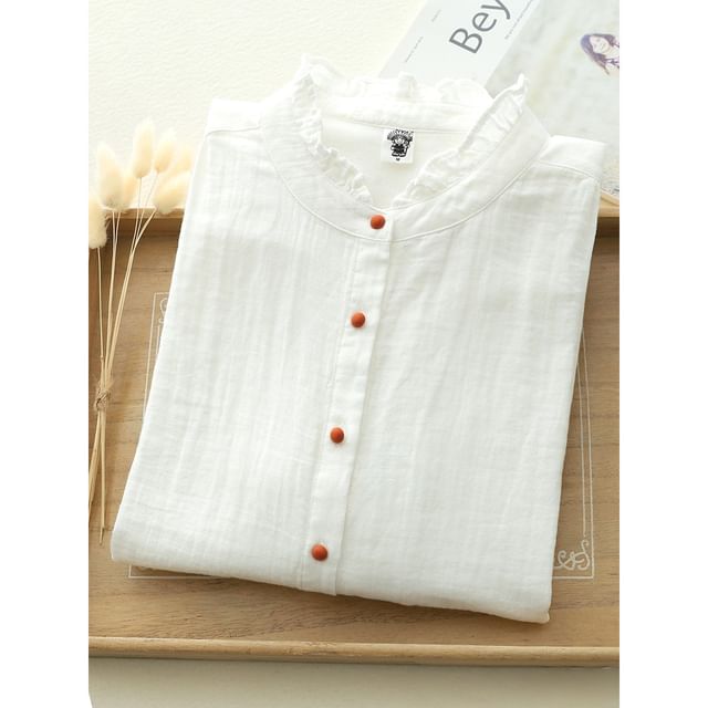 Fabricino-Long-Sleeve Stand Collar Plain Frill Blouse