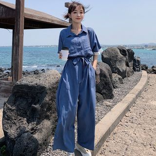 Jinyo - Short-Sleeve Wide-Leg Jumpsuit | YesStyle