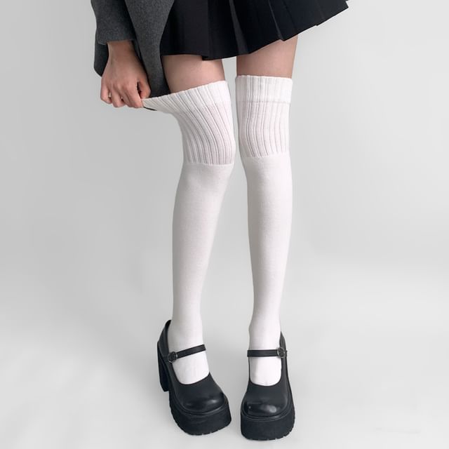Desperim-Plain Ribbed Over-The-Knee Socks