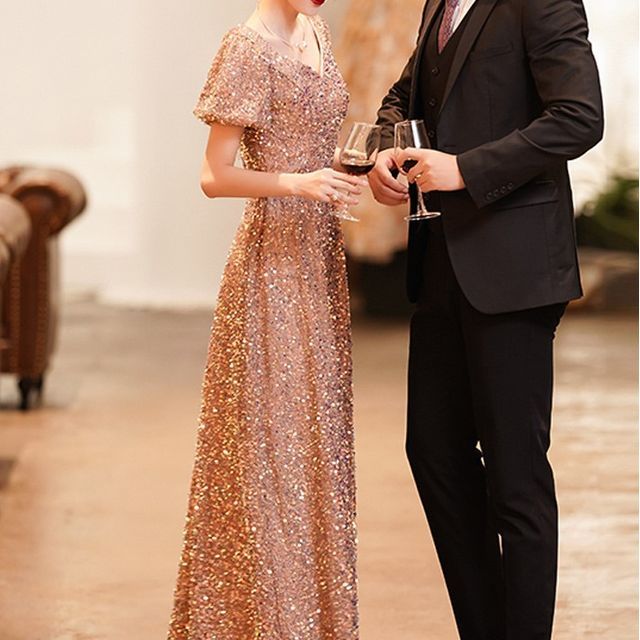 Fioridi - Short-Sleeve V-Neck Sequined A-Line Evening Gown | YesStyle