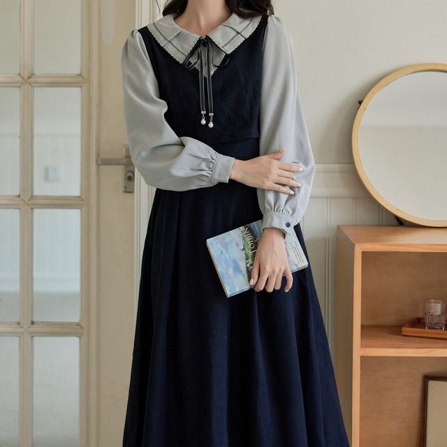 Midi Jumper Dress Korean Style Midi Dress V Neck Long Sleeve