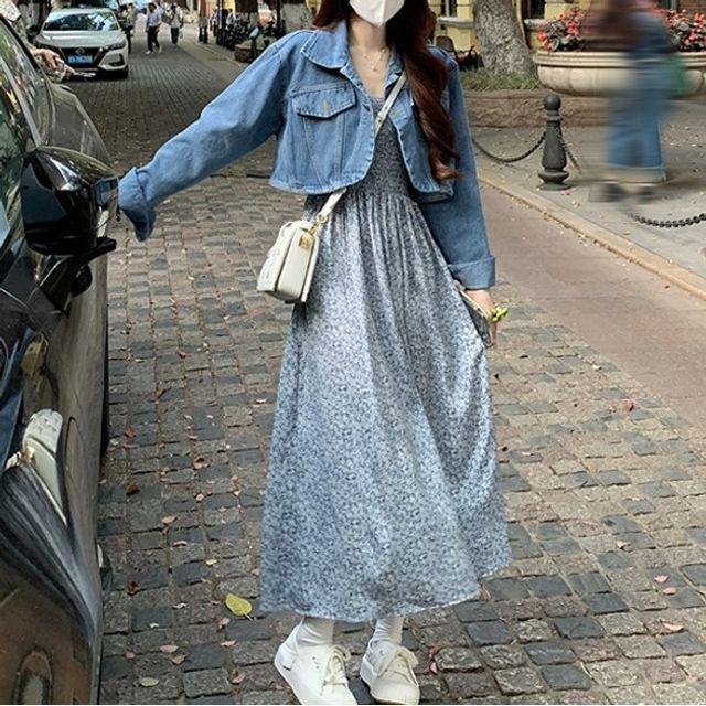 Pickxy - Collar Crop Denim Jacket / Spaghetti Strap Floral Midi A-Line Dress  | YesStyle