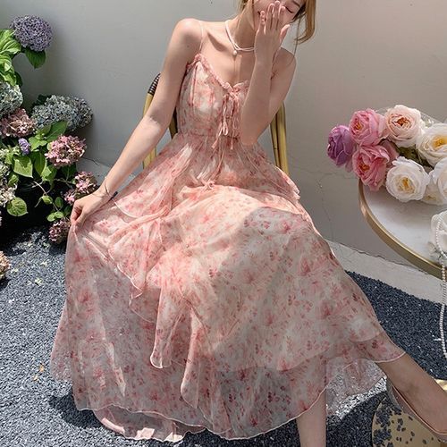 BOHEME - Spaghetti-Strap Floral Chiffon Maxi Dress | YesStyle