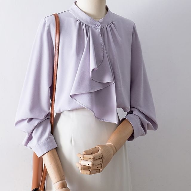 Cossita-Long-Sleeve Stand Collar Ruffle Panel Button-Up Plain Blouse