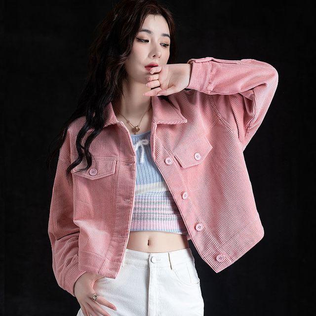 Everose-Collar Plain Corduroy Crop Button Jacket