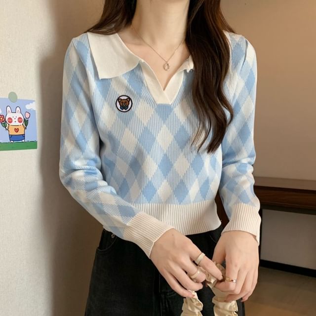 AstroSwirl Long-Sleeve V-Neck Plaid Knit Polo Shirt YesStyle