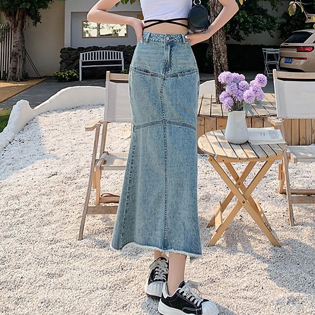 Luna Rouge - High Rise Fringed Hem Washed Denim Midi Mermaid Skirt