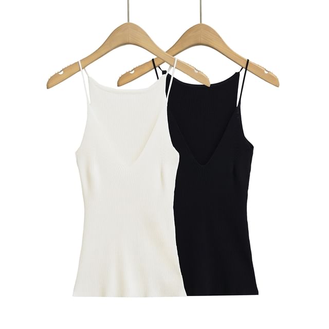 Ulark-Deep Plunge Plain Ribbed Knit Camisole Top