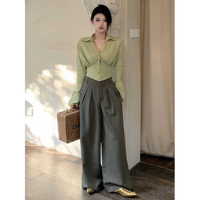 ever after - Open-Placket Zipper Crop Shirt / High-Rise Pleated Wide-Leg Dress  Pants | YesStyle