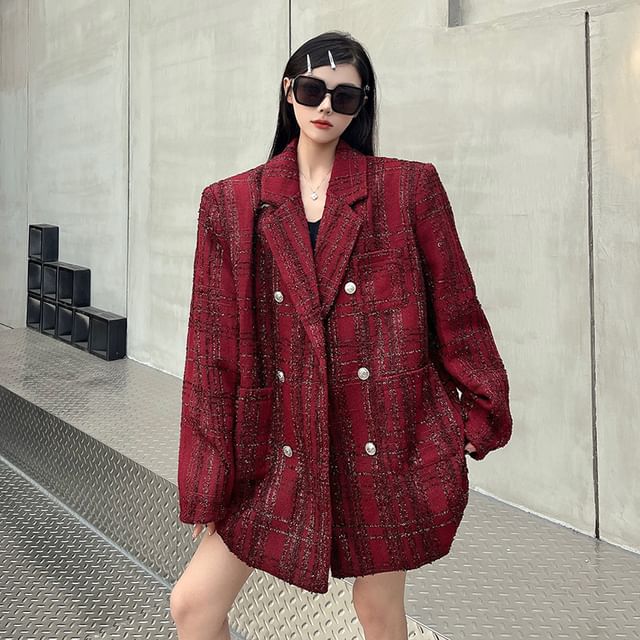Porstina-Plaid Oversized Double-Breasted Blazer